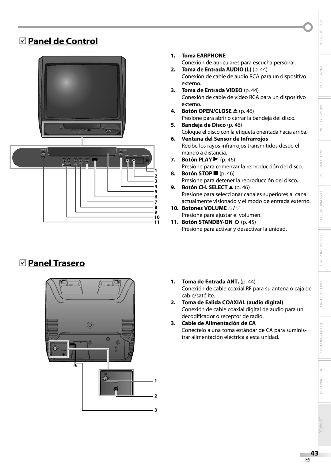 Magnavox CD130MW9 owner manual 5Panel de Control, 5Panel Trasero 