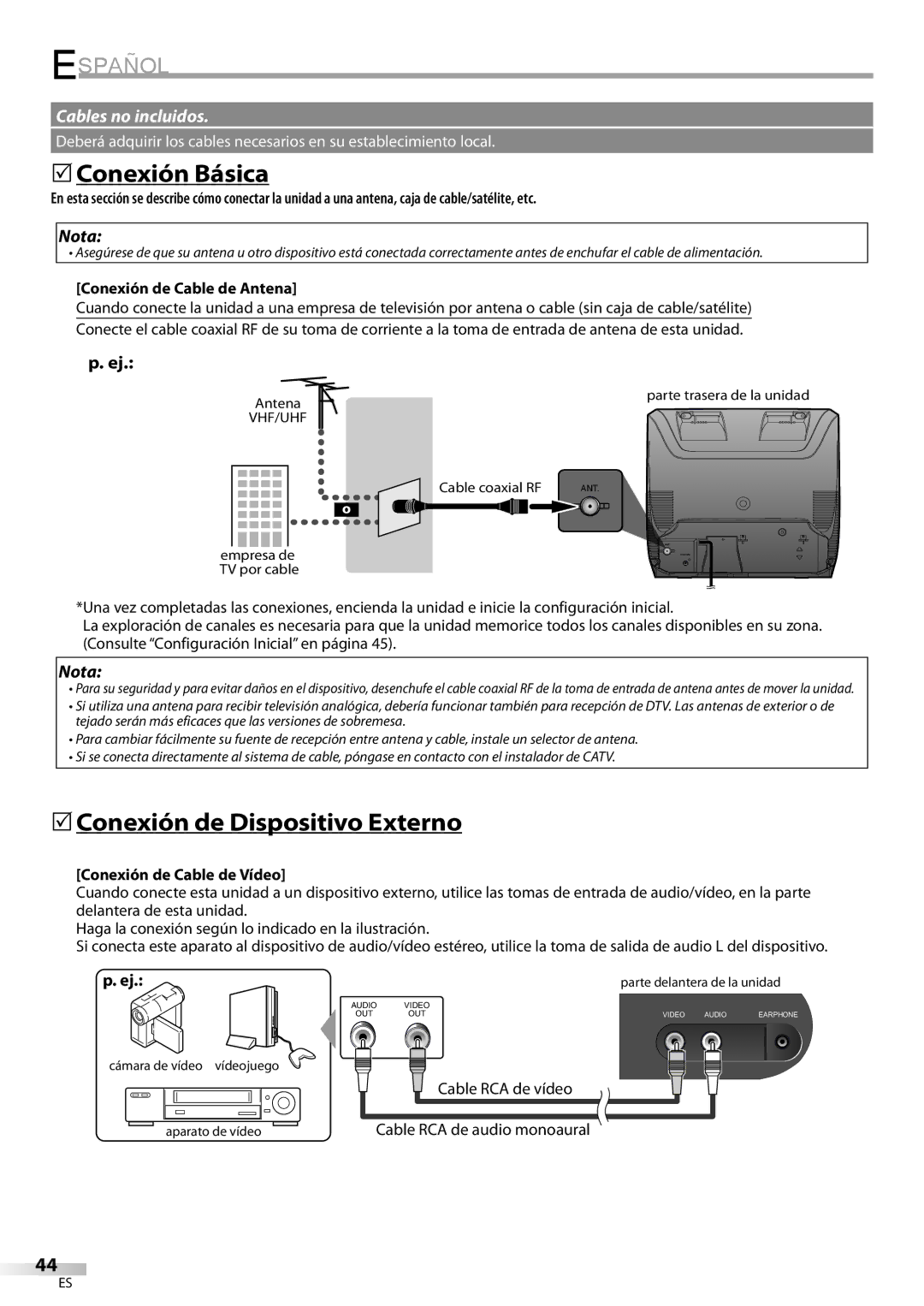 Magnavox CD130MW9 owner manual 5Conexión Básica, 5Conexión de Dispositivo Externo, Conexión de Cable de Antena 