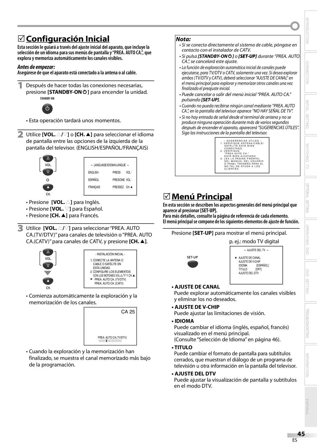 Magnavox CD130MW9 owner manual 5Configuración Inicial, 5Menú Principal 