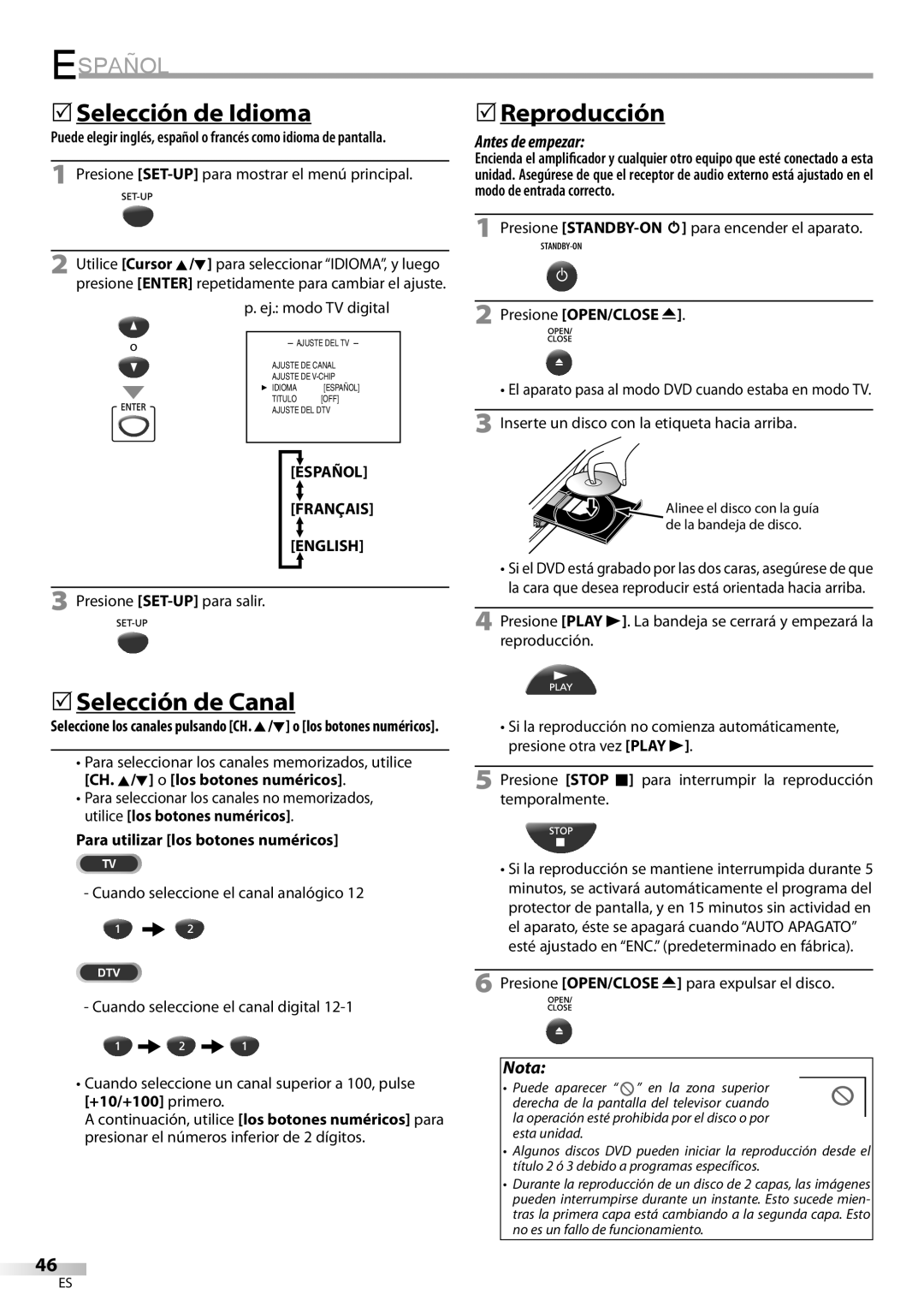 Magnavox CD130MW9 owner manual 5Selección de Idioma, Reproducción, 5Selección de Canal, Español Français English 