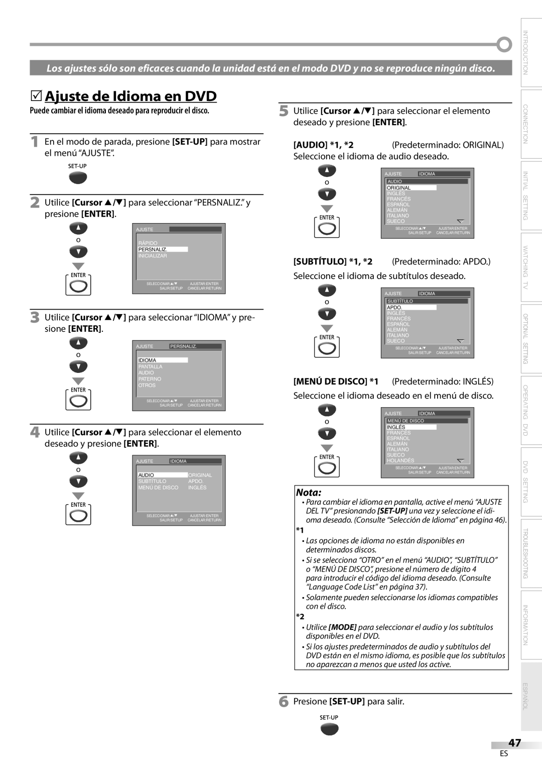 Magnavox CD130MW9 5Ajuste de Idioma en DVD, Utilice Cursor K/L para seleccionar el elemento, Deseado y presione Enter 