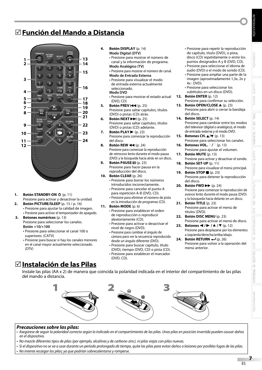 Magnavox CD130MW9 owner manual 5Función del Mando a Distancia, 5Instalación de las Pilas 