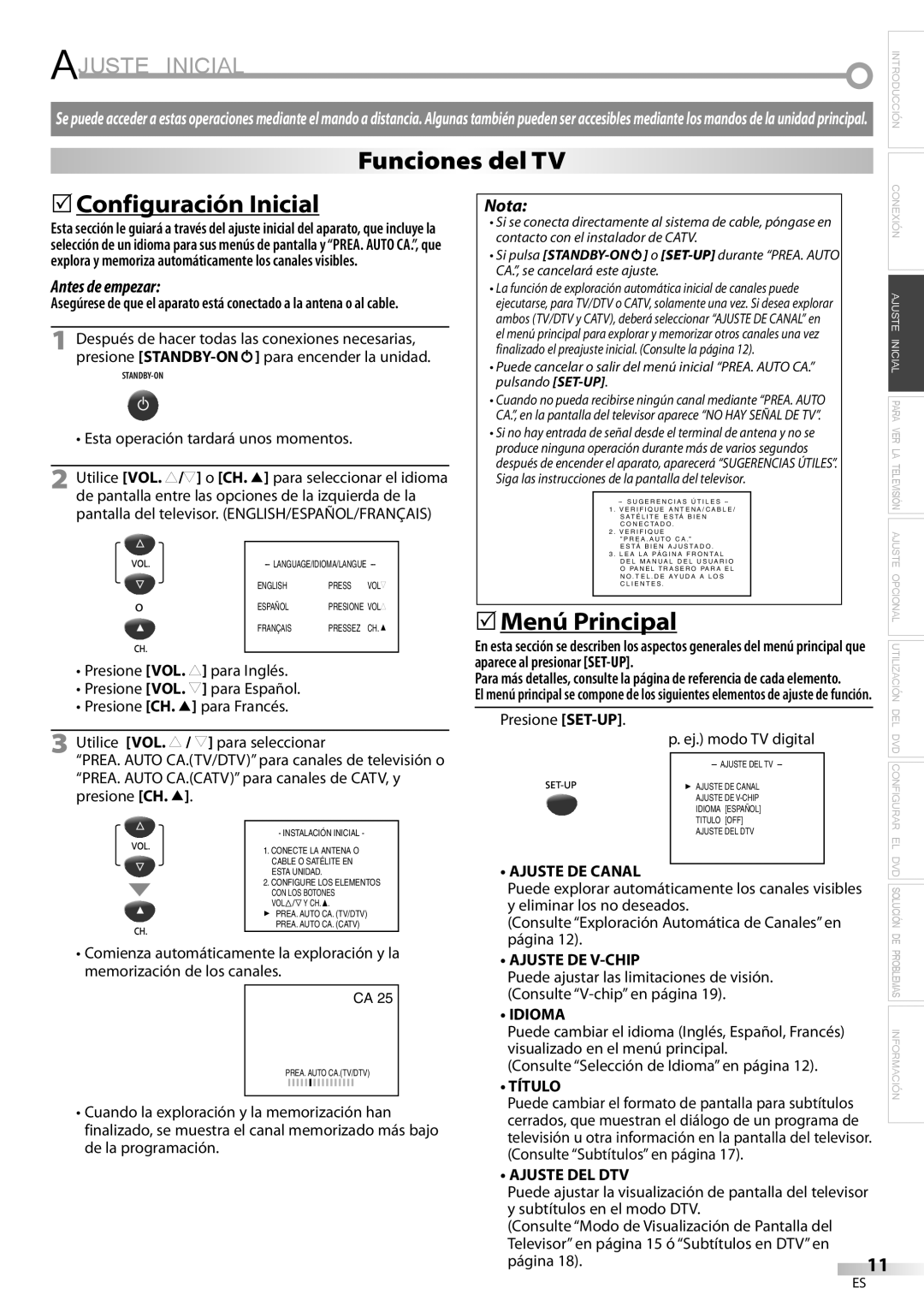 Magnavox CD130MW9 owner manual Ajuste Inicial, Funciones del TV 5Configuración Inicial, Presione SET-UP, Título, Página 