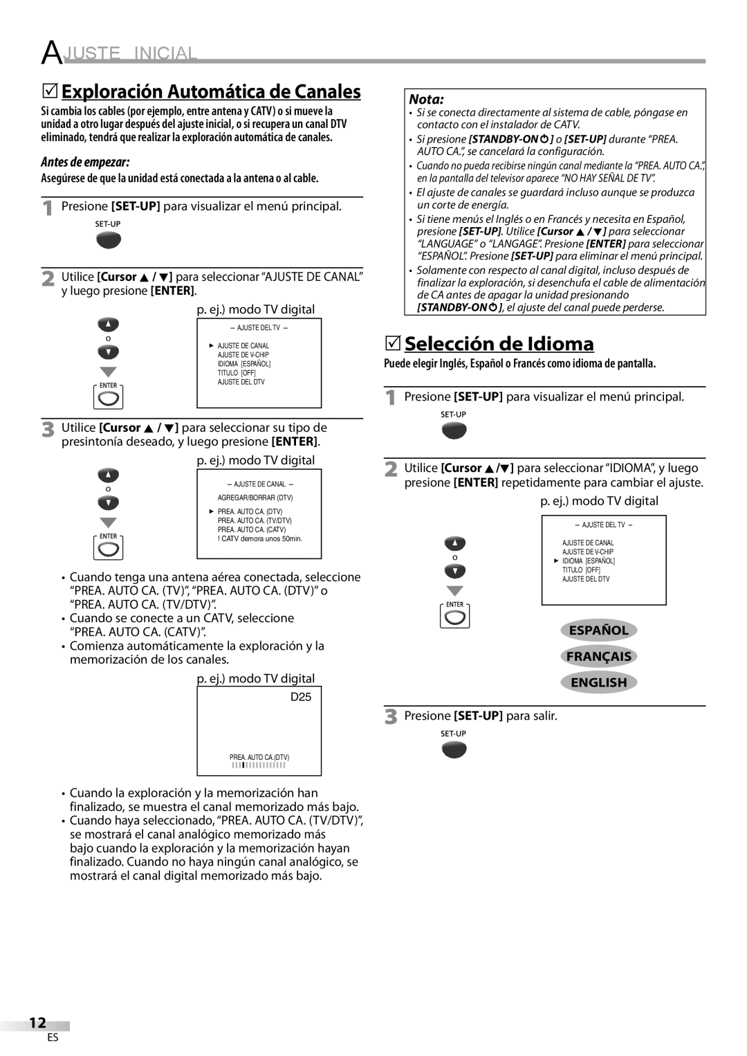 Magnavox CD130MW9 owner manual 5Exploración Automática de Canales, Presione SET-UPpara visualizar el menú principal 