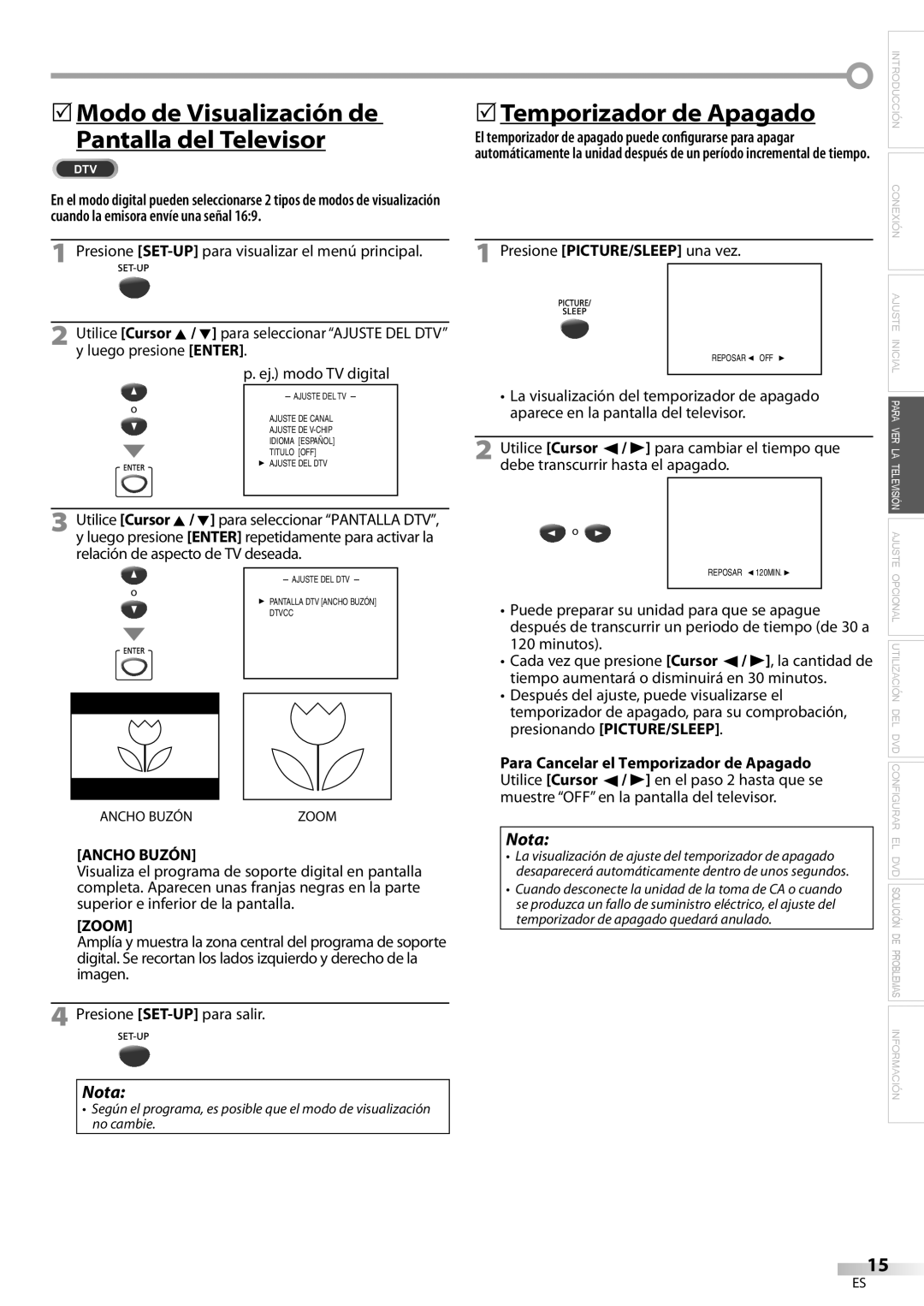 Magnavox CD130MW9 owner manual 5Modo de Visualización de Pantalla del Televisor, Ancho Buzón, Presionando PICTURE/SLEEP 