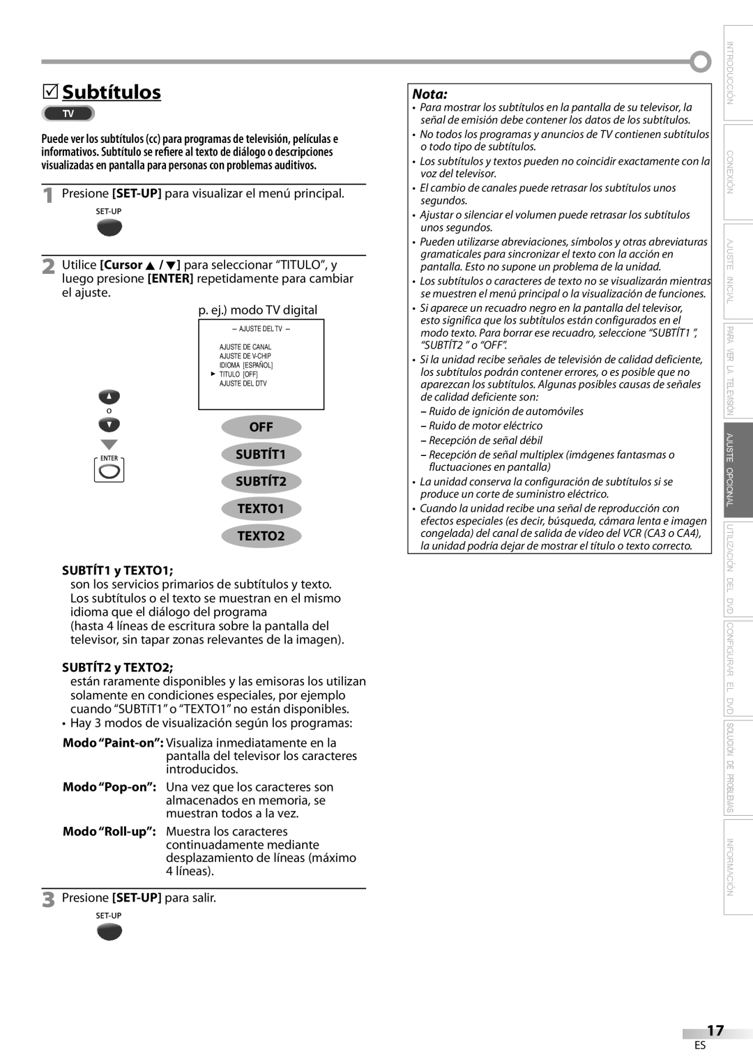 Magnavox CD130MW9 owner manual Subtítulos, OFF SUBTÍT1 SUBTÍT2 TEXTO1 TEXTO2, SUBTÍT1 y TEXTO1, SUBTÍT2 y TEXTO2 