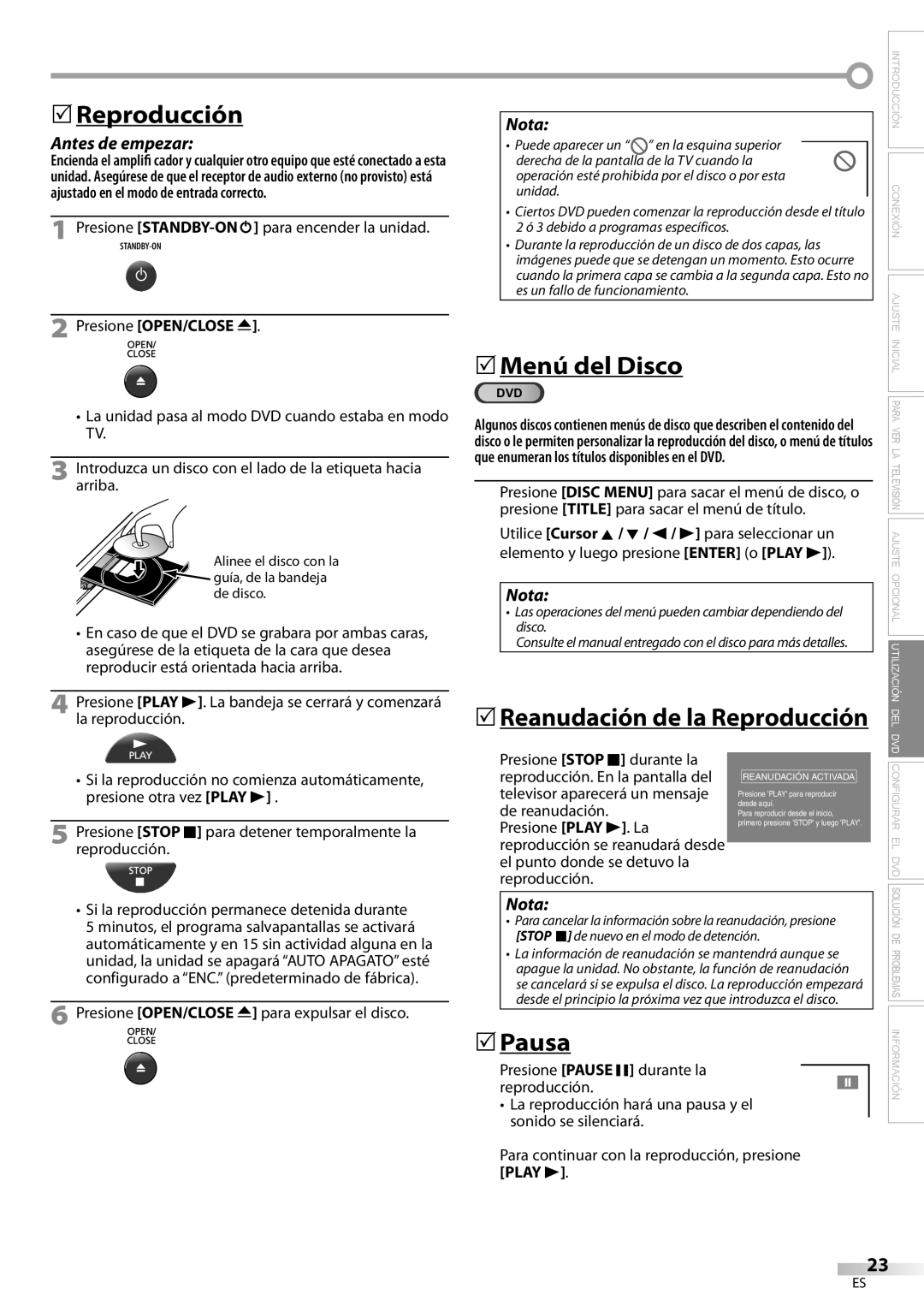 Magnavox CD130MW9 owner manual 5Menú del Disco, 5Pausa 