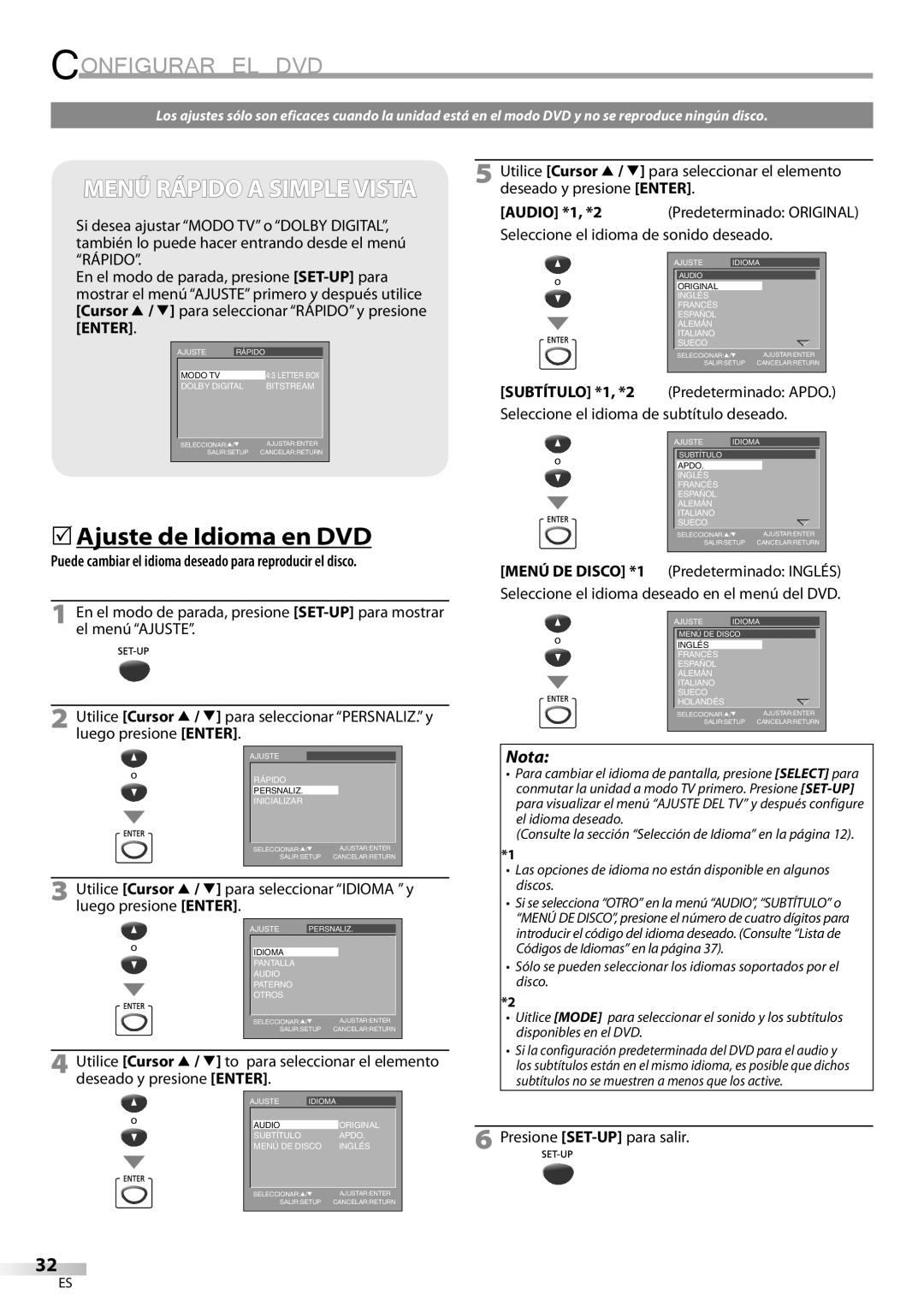 Magnavox CD130MW9 owner manual Configurar EL DVD, Audio *1, *2, Seleccione el idioma de sonido deseado 