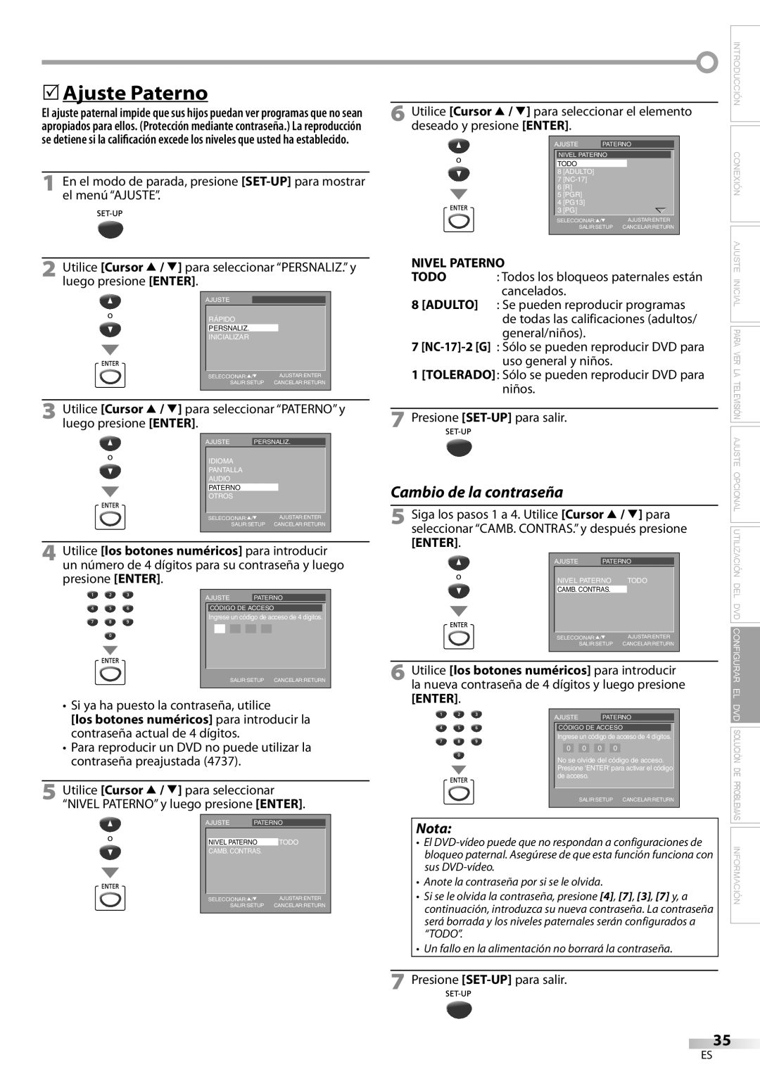 Magnavox CD130MW9 owner manual 5Ajuste Paterno, Si ya ha puesto la contraseña, utilice, Nivel Paterno, Niños 