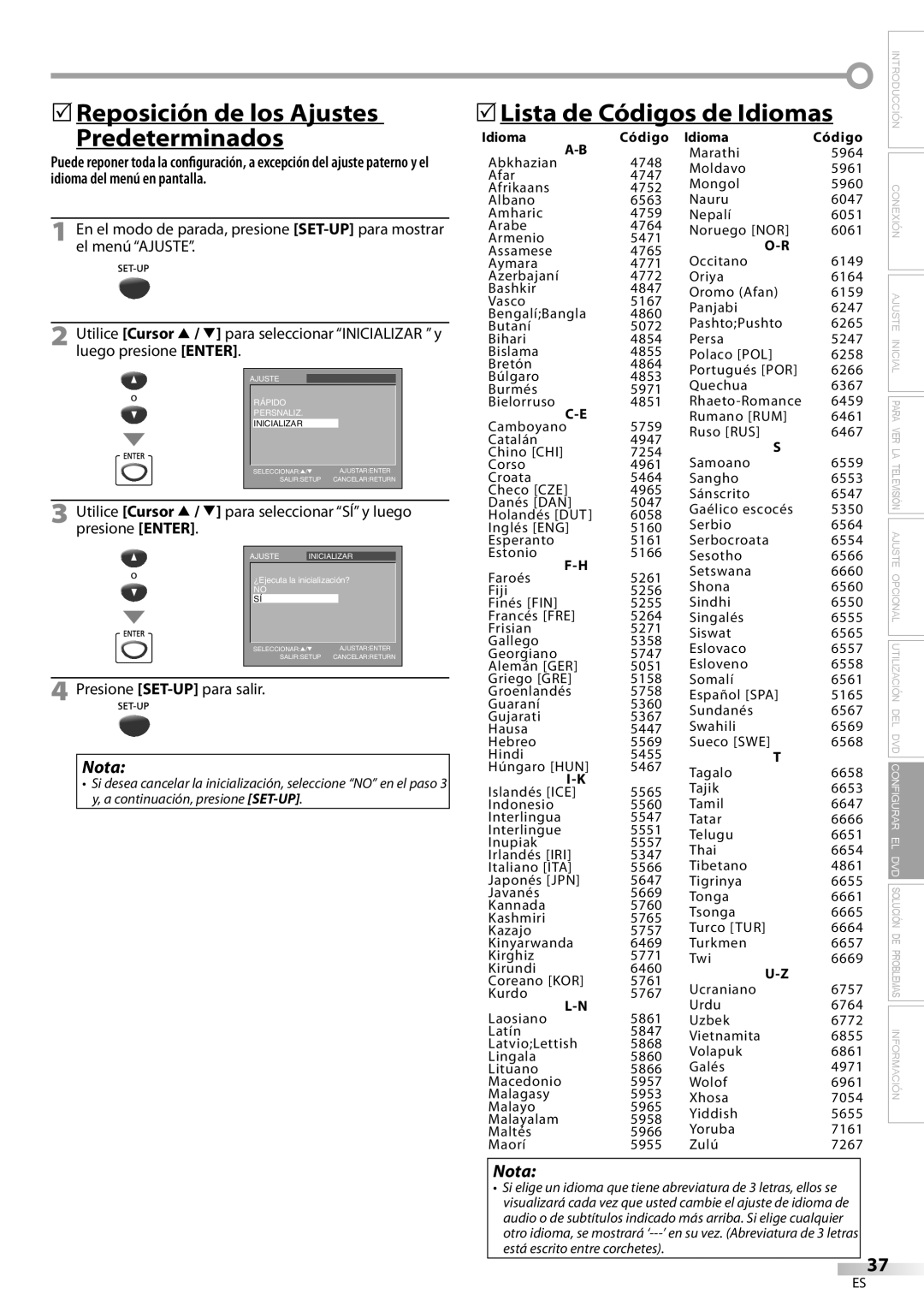 Magnavox CD130MW9 owner manual 5Reposición de los Ajustes Predeterminados, 5Lista de Códigos de Idiomas, Idioma Código 