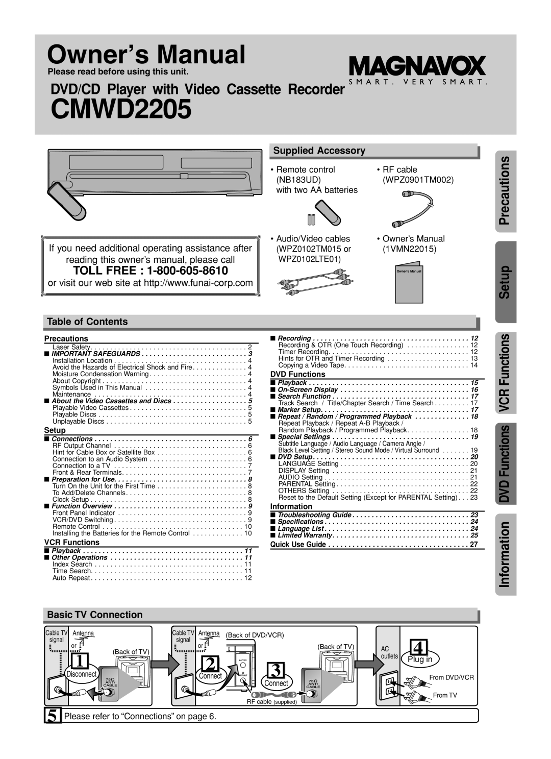 Magnavox CMWD2205 owner manual Supplied Accessory, Table of Contents, Basic TV Connection 