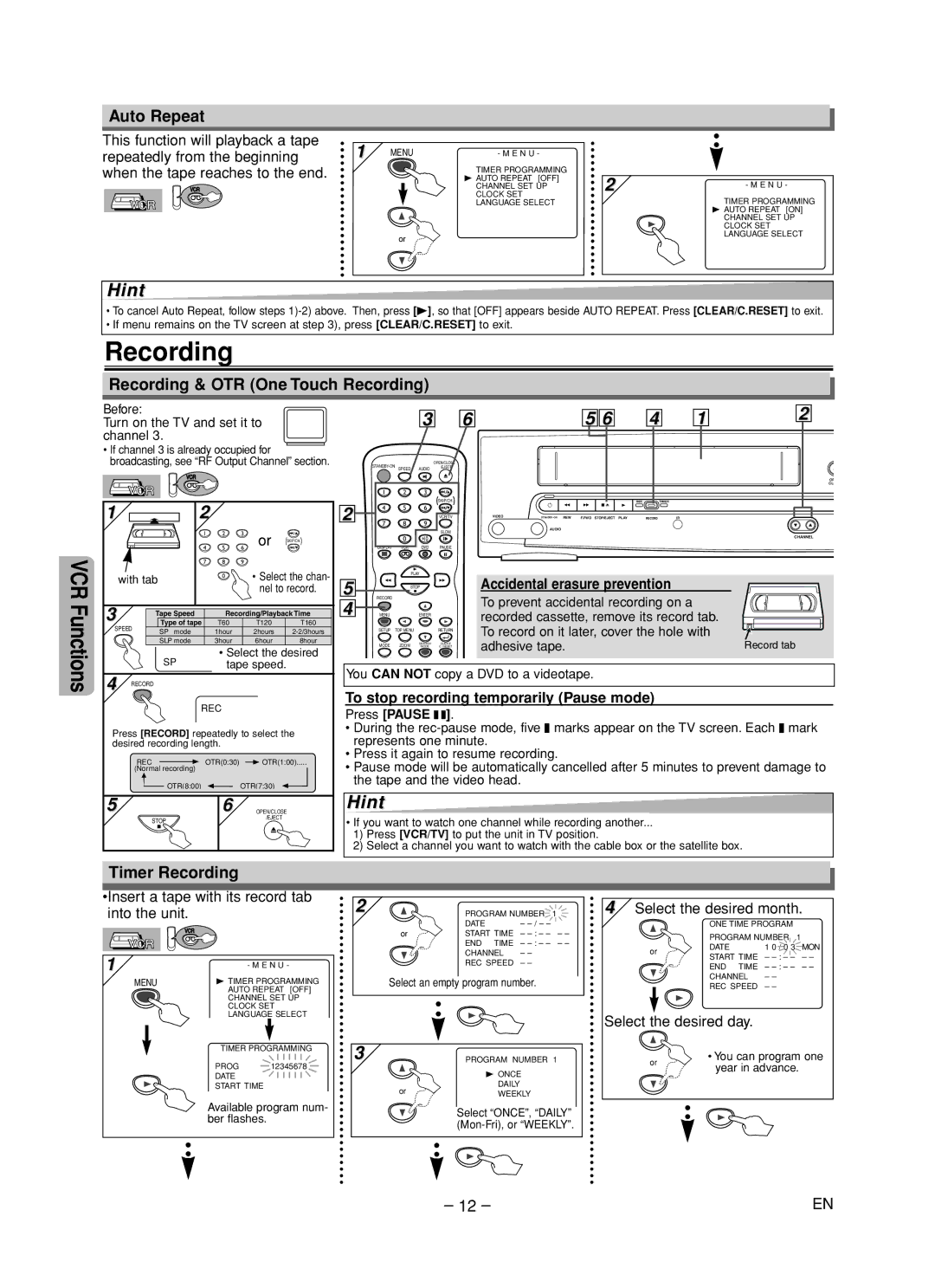 Magnavox CMWD2205 owner manual Auto Repeat, Recording & OTR One Touch Recording, Timer Recording 