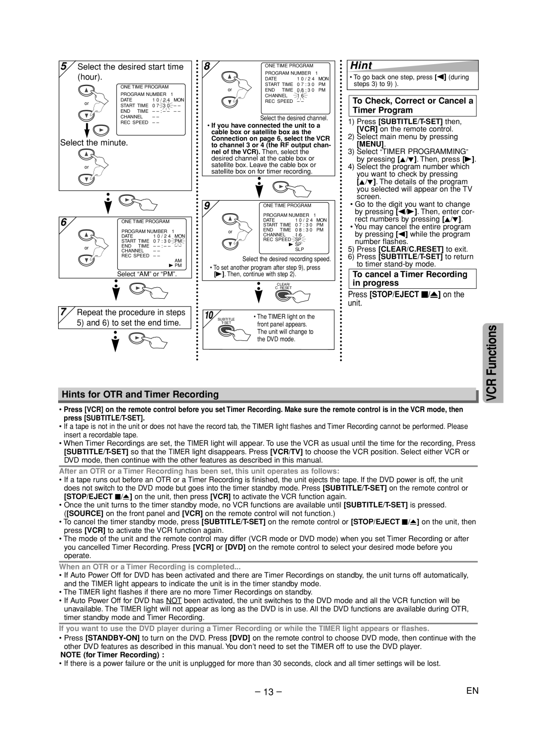 Magnavox CMWD2205 owner manual Hints for OTR and Timer Recording, Select the desired start time Hour, Select the minute 