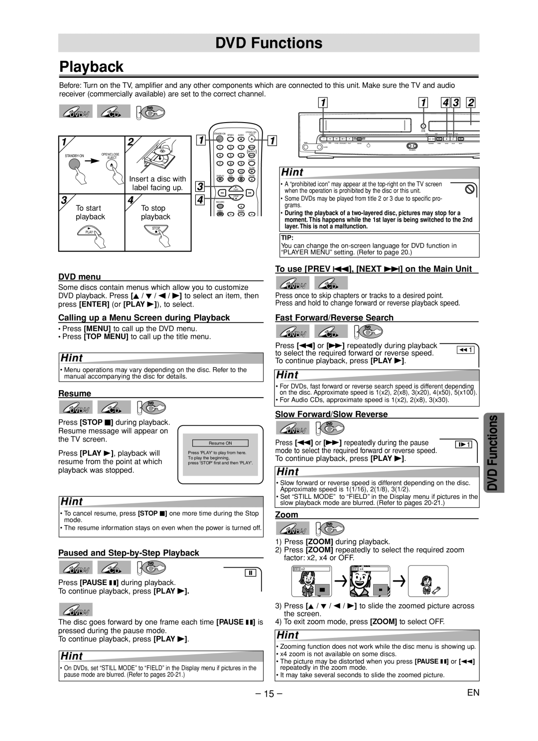 Magnavox CMWD2205 owner manual DVD Functions Playback 