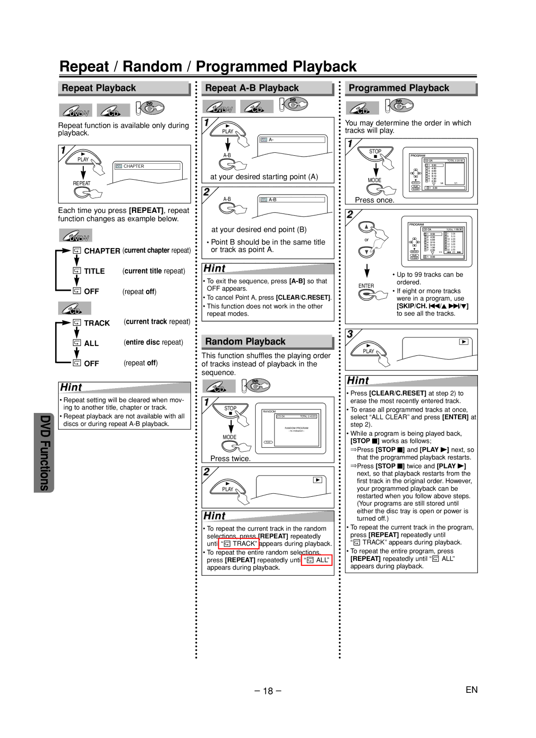 Magnavox CMWD2205 owner manual Repeat / Random / Programmed Playback, Repeat Playback, Repeat A-B Playback, Random Playback 