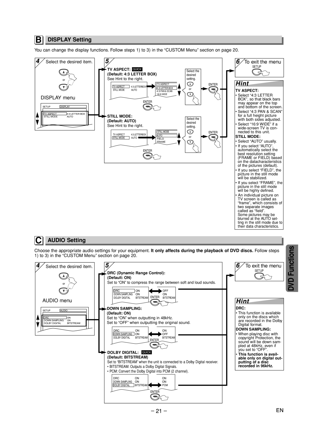 Magnavox CMWD2205 owner manual Display Setting, Audio Setting, Display menu, Audio menu 