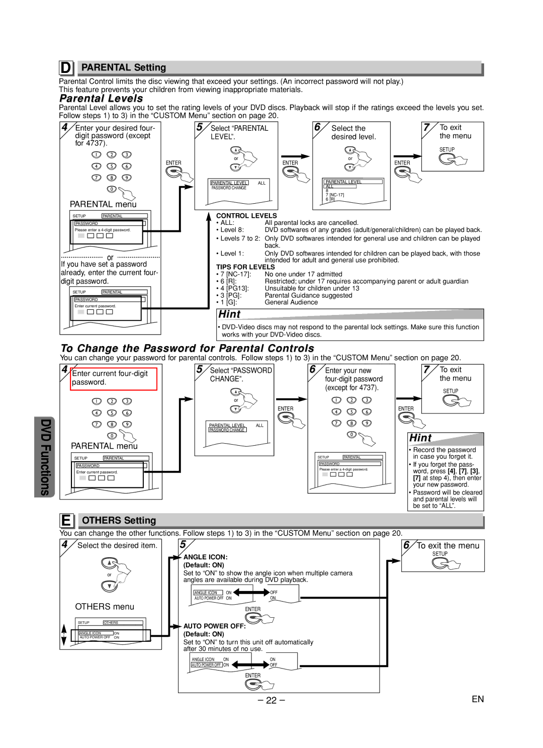 Magnavox CMWD2205 Parental Levels, To Change the Password for Parental Controls, Parental Setting, Others Setting 