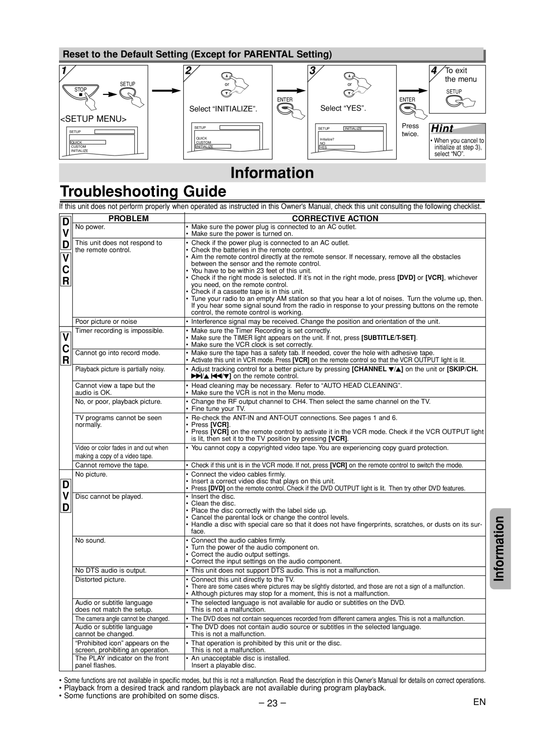 Magnavox CMWD2205 owner manual Information Troubleshooting Guide, Reset to the Default Setting Except for Parental Setting 