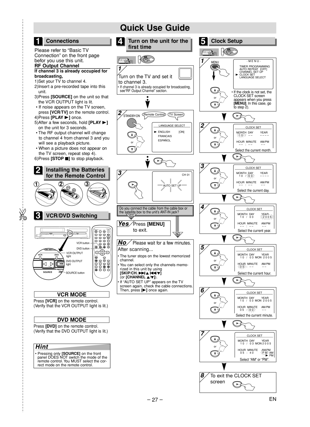 Magnavox CMWD2205 Quick Use Guide, Connections, Installing the Batteries, For the Remote Control, RF Output Channel 