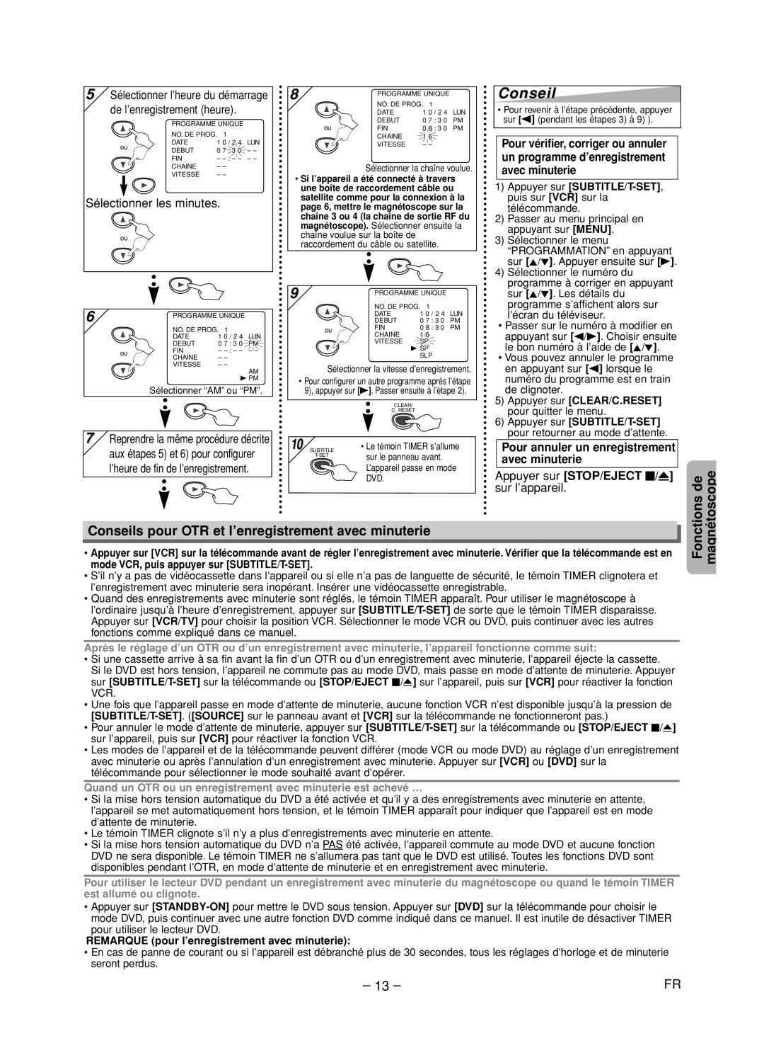 Magnavox CMWD2205 owner manual Conseils pour OTR et l’enregistrement avec minuterie, Sélectionner les minutes 