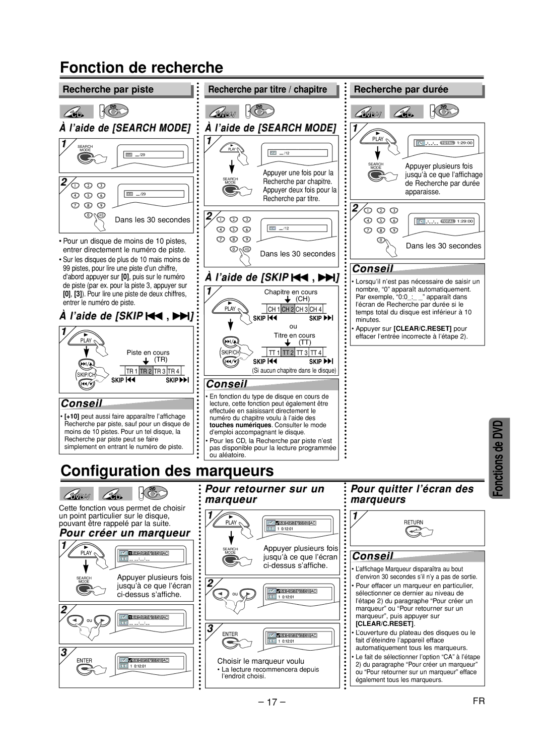 Magnavox CMWD2205 owner manual Fonction de recherche, Configuration des marqueurs 