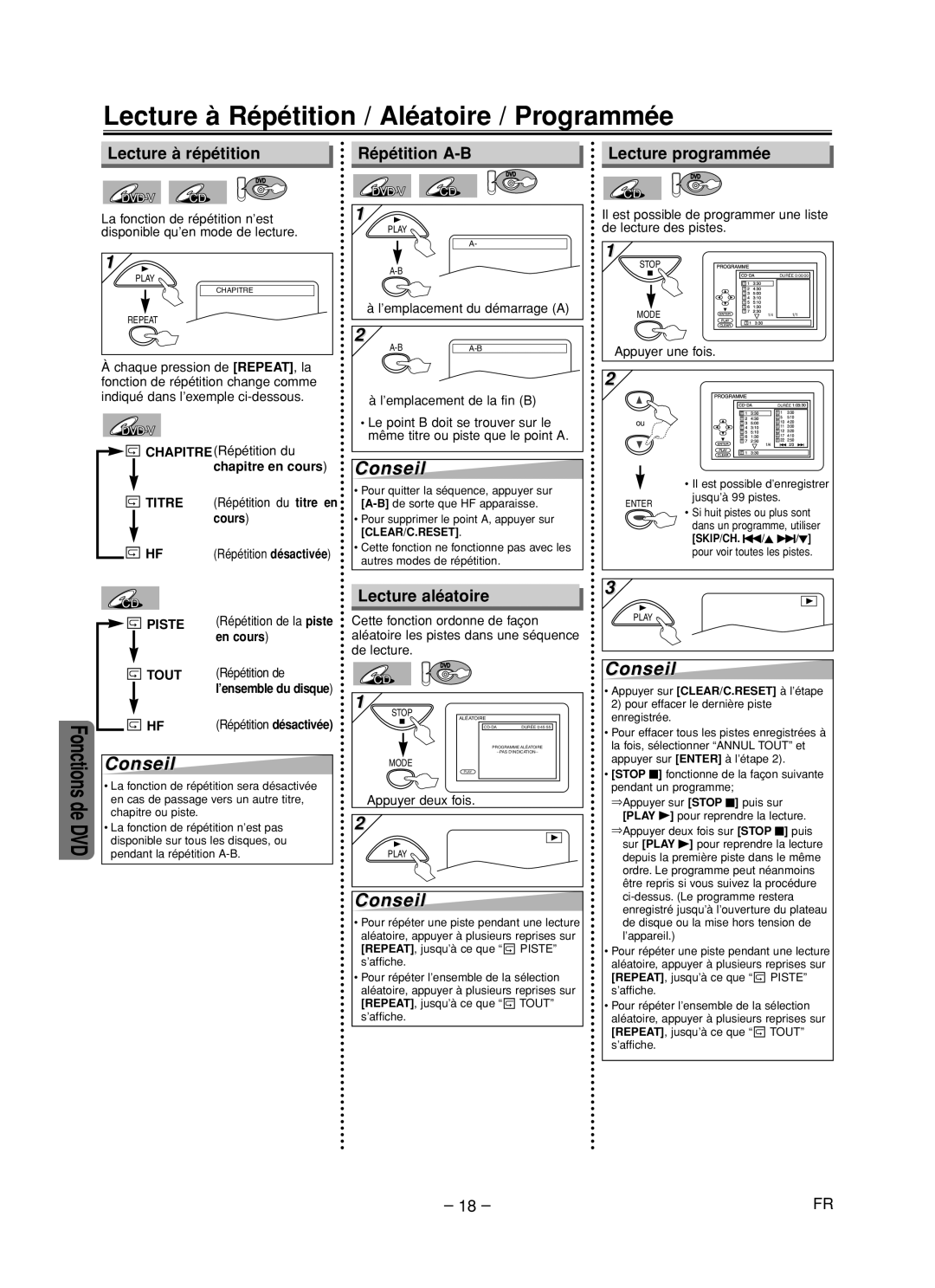 Magnavox CMWD2205 Lecture à Répétition / Aléatoire / Programmée, Lecture à répétition, Répétition A-B, Lecture programmée 