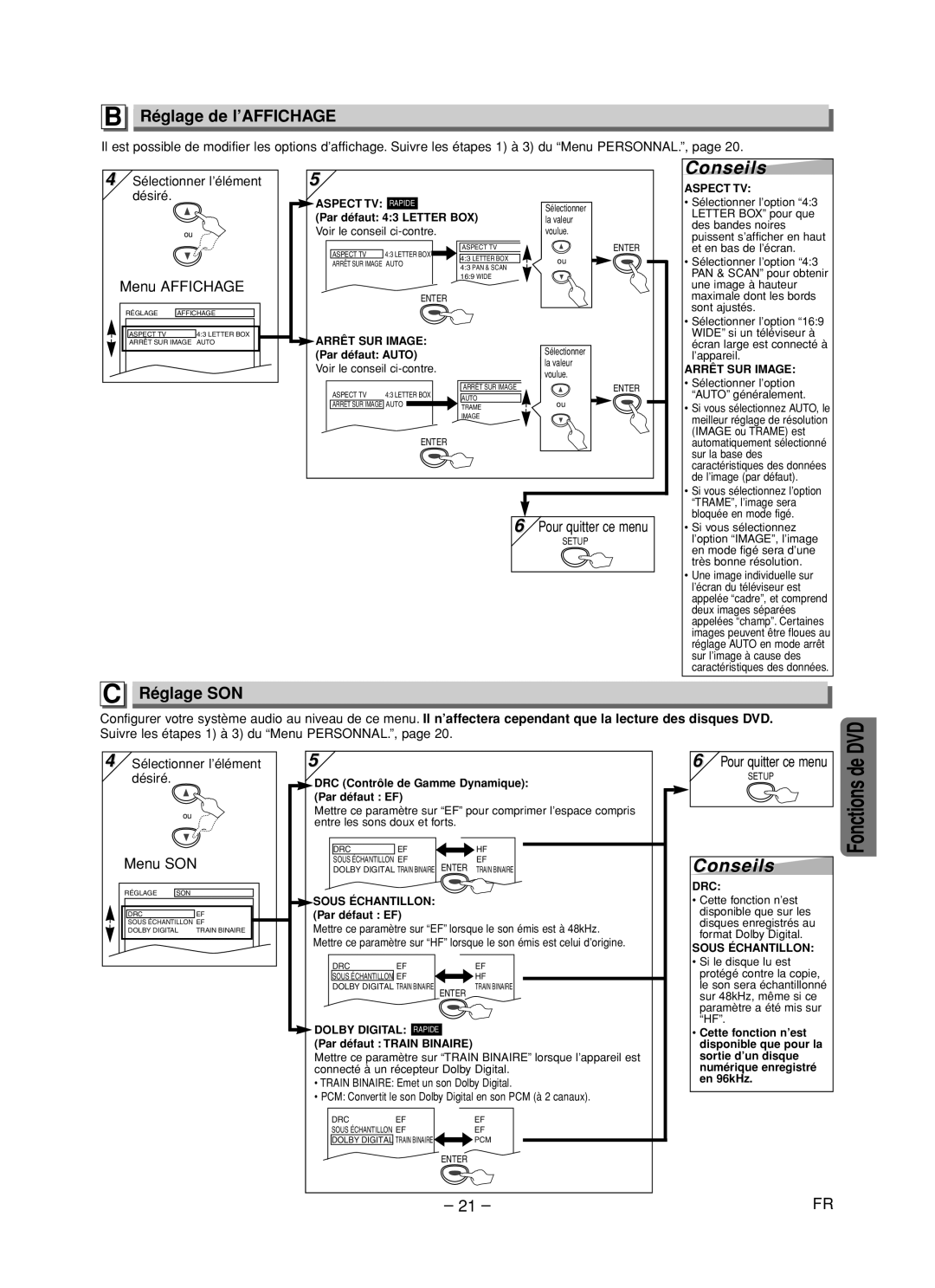 Magnavox CMWD2205 owner manual Conseils, Réglage de l’AFFICHAGE, Réglage SON, Menu Affichage, Menu SON 