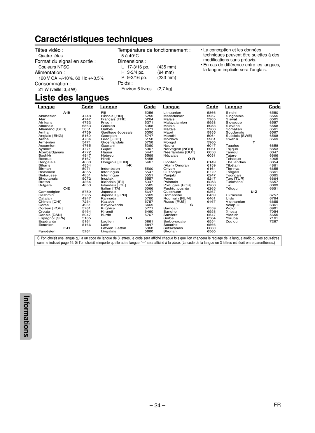 Magnavox CMWD2205 owner manual Caractéristiques techniques, Liste des langues 