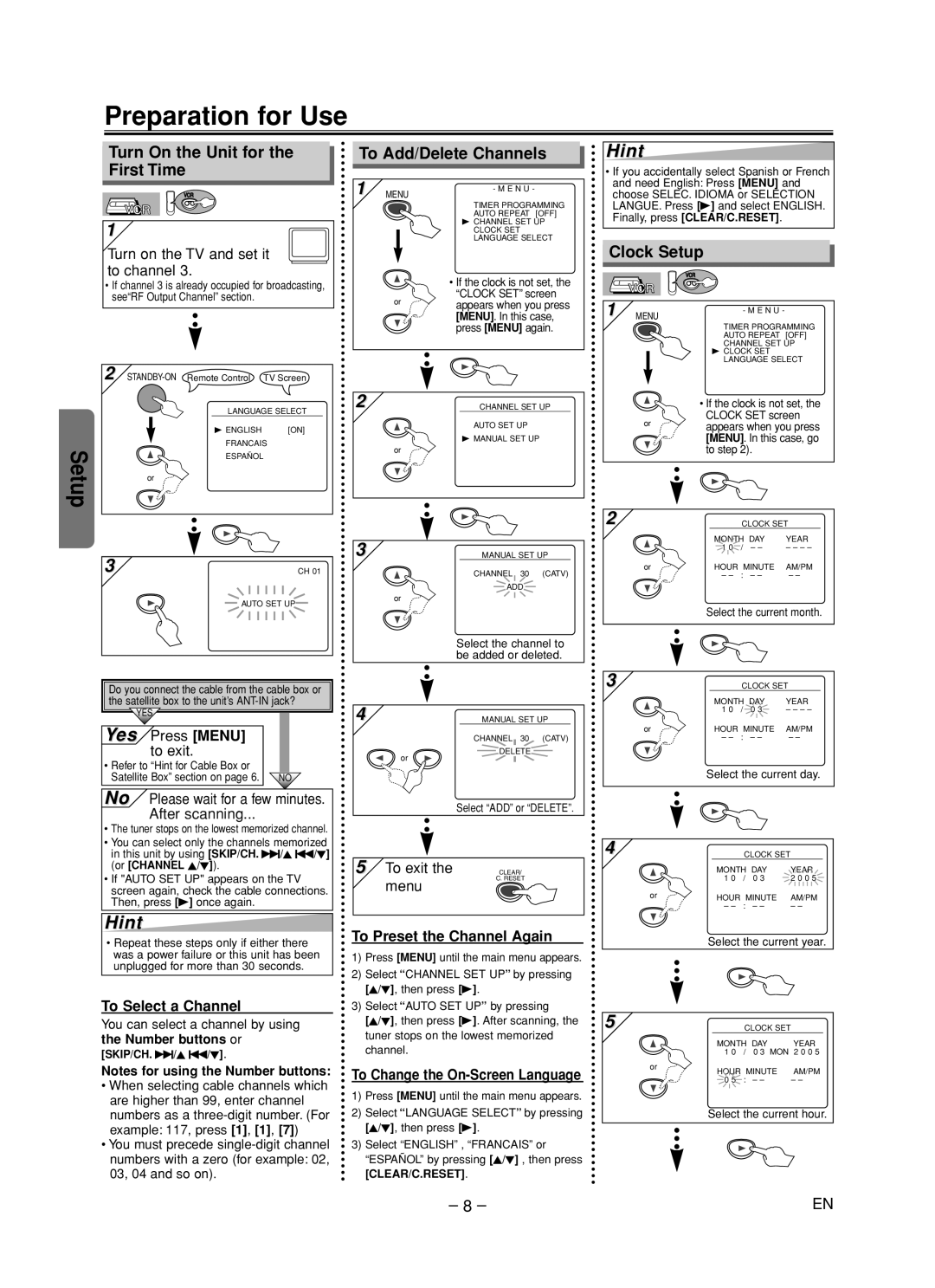 Magnavox CMWD2205 Preparation for Use, Turn On the Unit for the First Time, To Add/Delete Channels, Clock Setup 