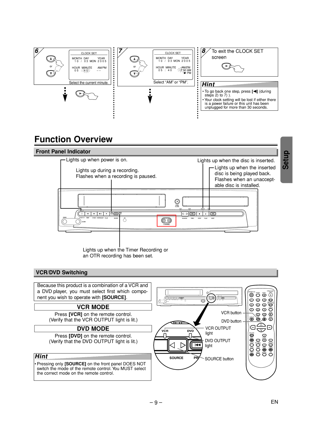 Magnavox CMWD2205 owner manual Function Overview, Front Panel Indicator, VCR/DVD Switching, To exit the Clock SET screen 