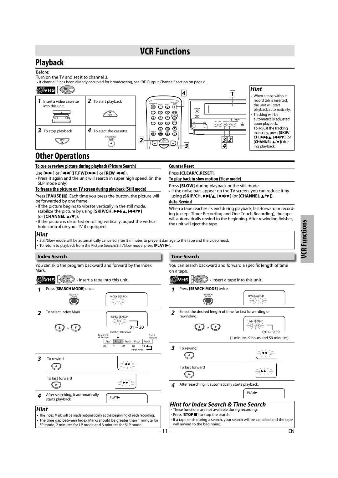 Magnavox CMWD2206 A owner manual Playback, Other Operations, Hint for Index Search & Time Search 