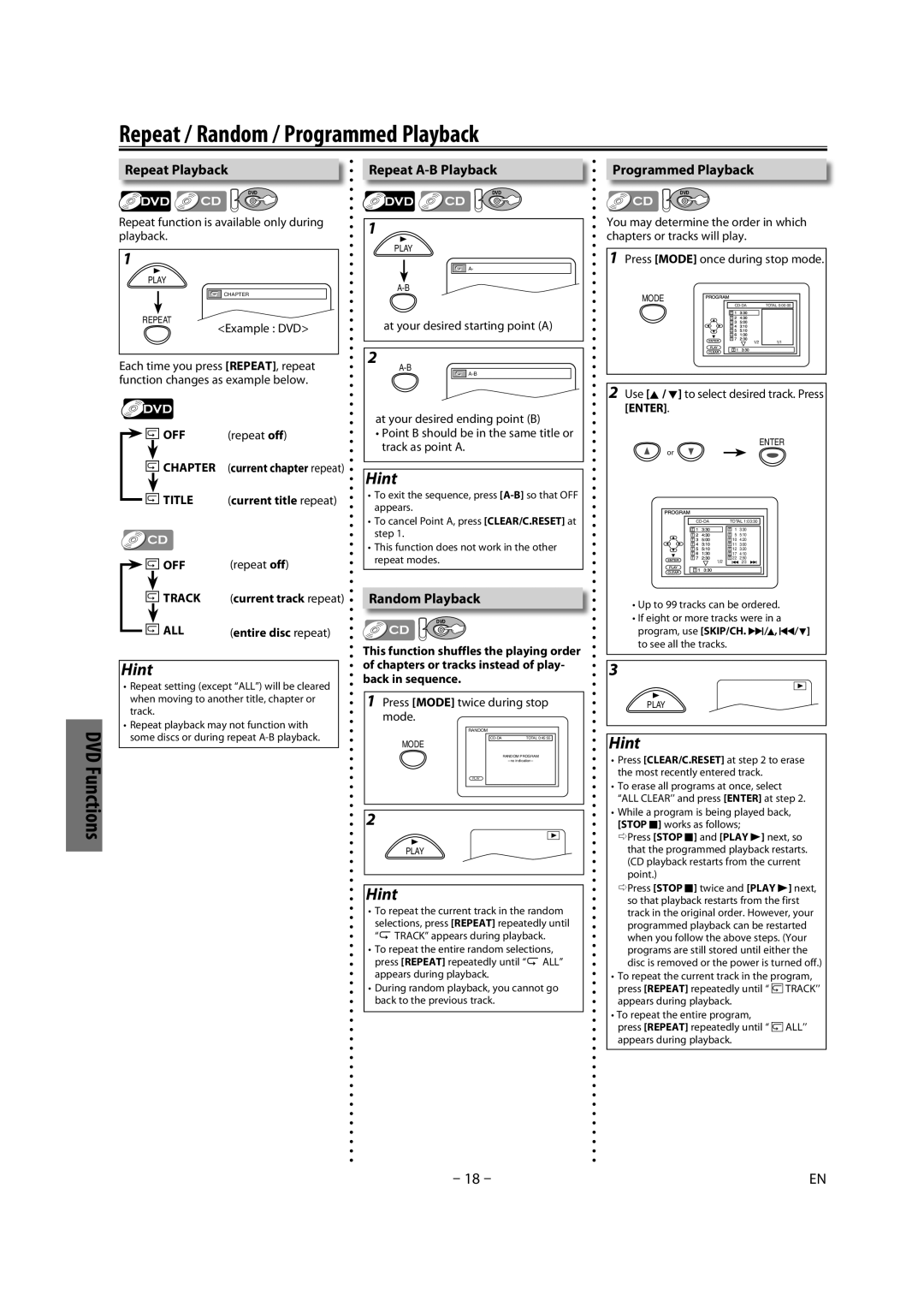 Magnavox CMWD2206 A Repeat / Random / Programmed Playback, Repeat Playback, Repeat A-B Playback, Random Playback 