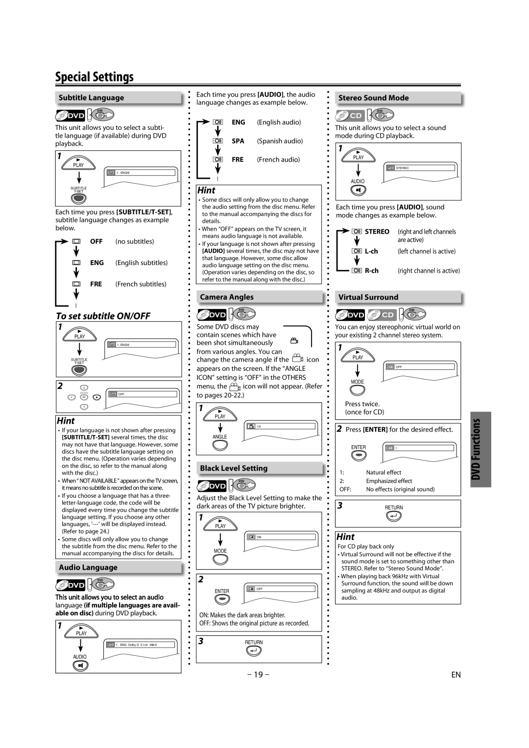 Magnavox CMWD2206 A owner manual Special Settings, To set subtitle ON/OFF 