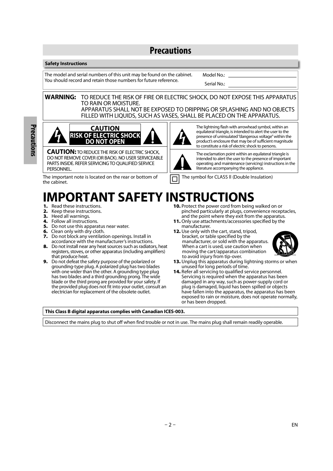 Magnavox CMWD2206 A When a cart is used, use caution when, Moving the cart/apparatus combination, Or has been dropped 