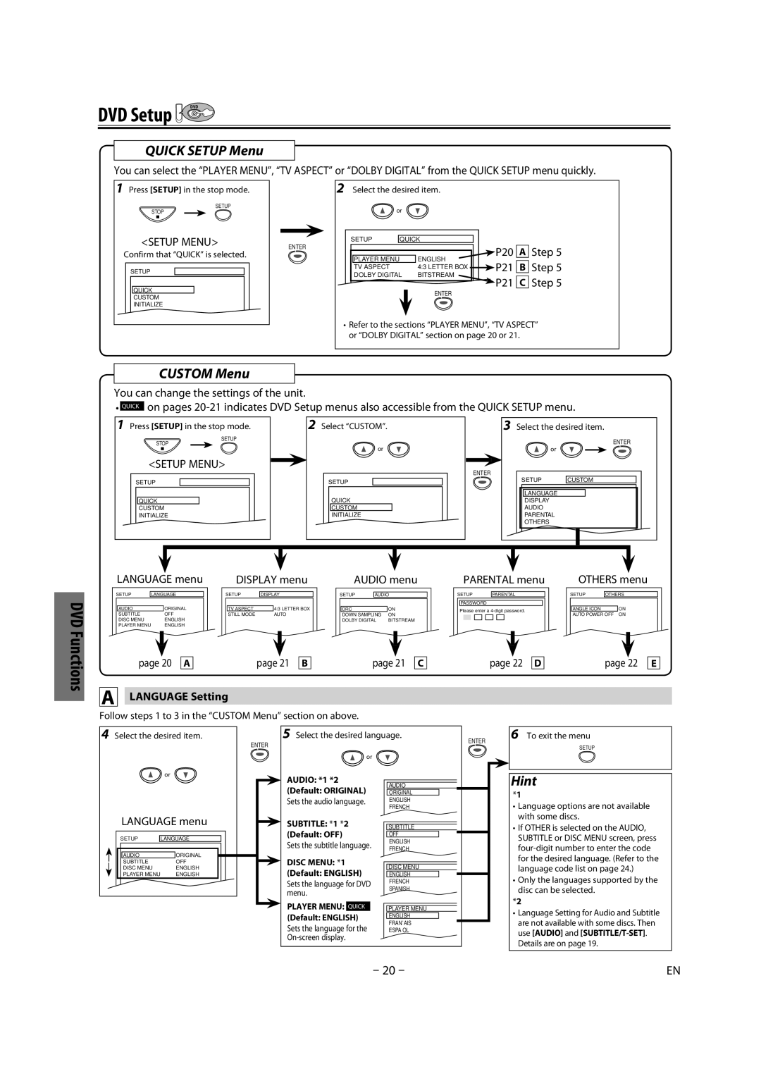 Magnavox CMWD2206 A owner manual Quick Setup Menu, Custom Menu, Language Setting 