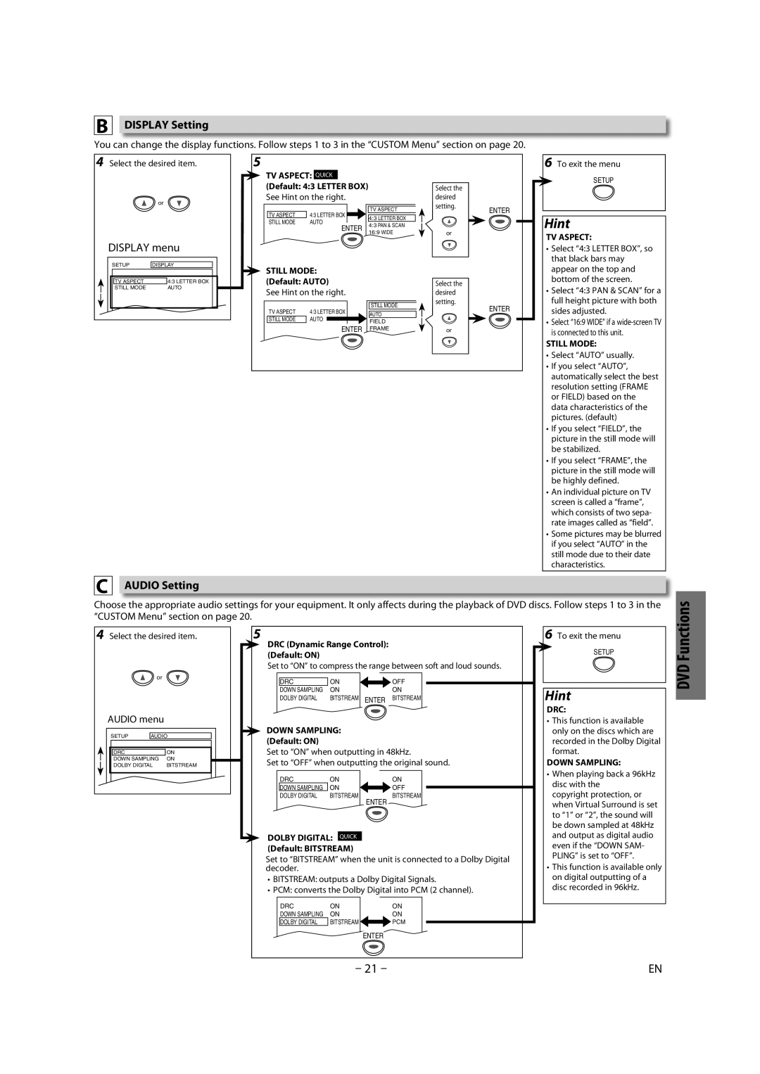 Magnavox CMWD2206 A owner manual Display Setting, Audio Setting, Audio menu 