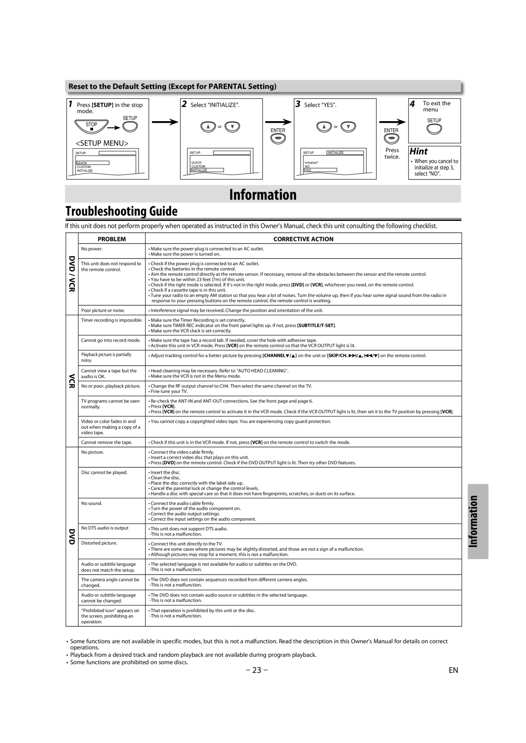 Magnavox CMWD2206 A Troubleshooting Guide, Reset to the Default Setting Except for Parental Setting, Press Hint twice 