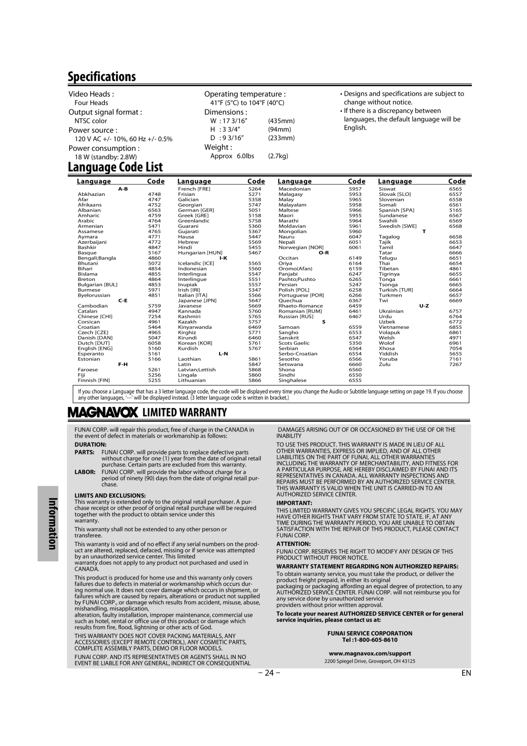 Magnavox CMWD2206 A owner manual Specifications, Information 