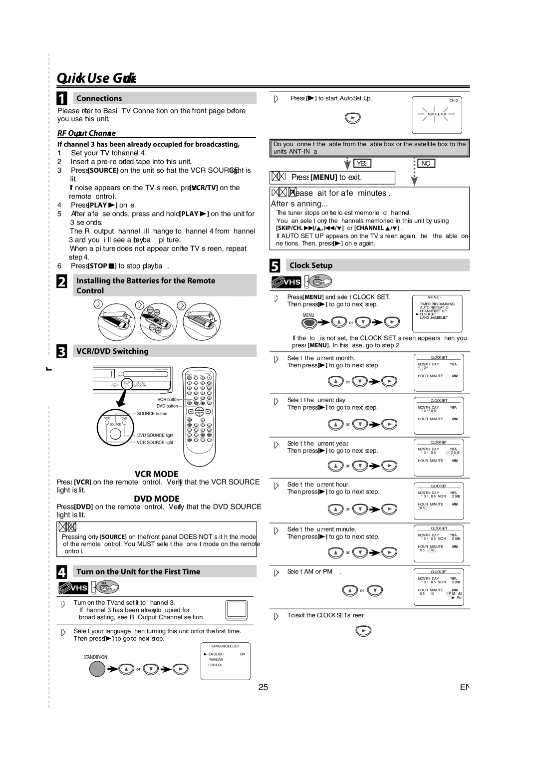 Magnavox CMWD2206 A Quick Use Guide, Connections, Control VCR/DVD Switching, Tuner stops on the lowest memorized channel 