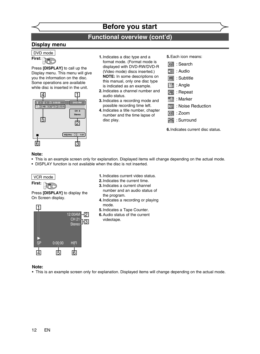 Magnavox cmwR20v6 manual Display menu, 12 EN, First DVD, First VCR, Press Display to display the On Screen display 