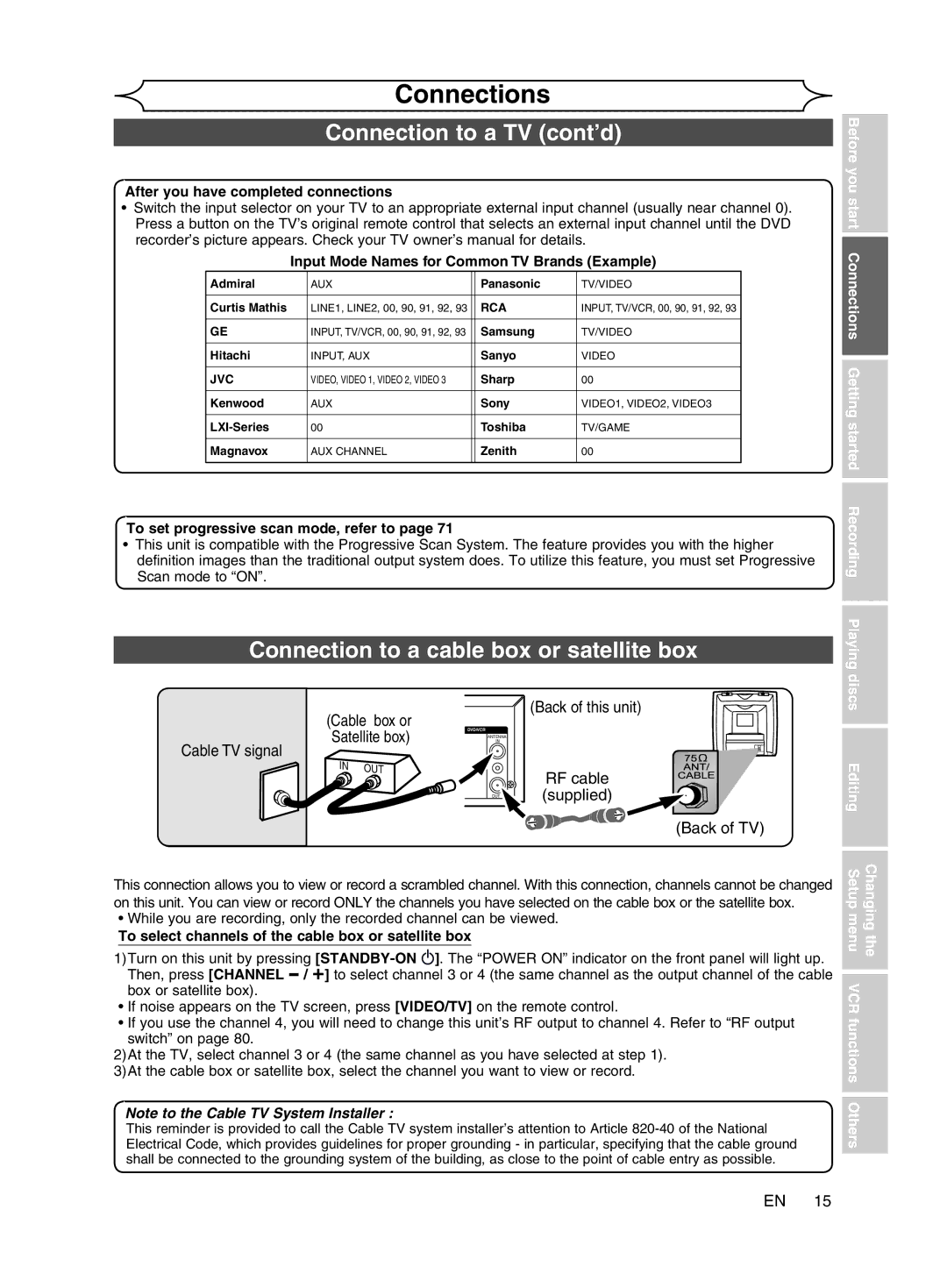 Magnavox cmwR20v6 manual Connection to a TV cont’d, Connection to a cable box or satellite box 