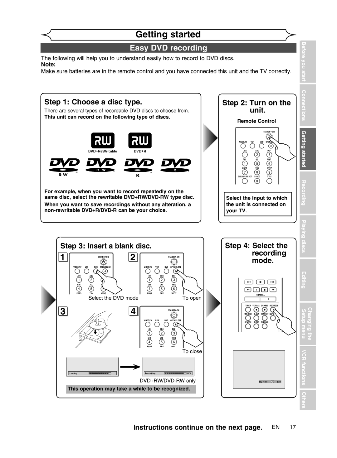 Magnavox cmwR20v6 manual Getting started, Easy DVD recording, Instructions continue on the next page. EN 