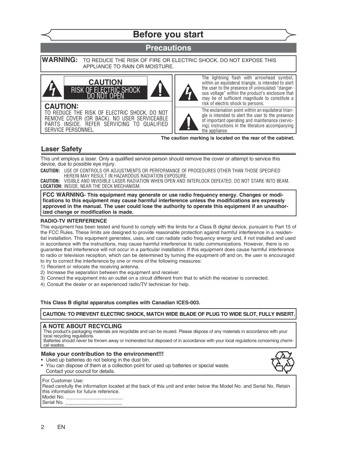 Magnavox cmwR20v6 manual Before you start, Precautions, Laser Safety, Make your contribution to the environment,  En 