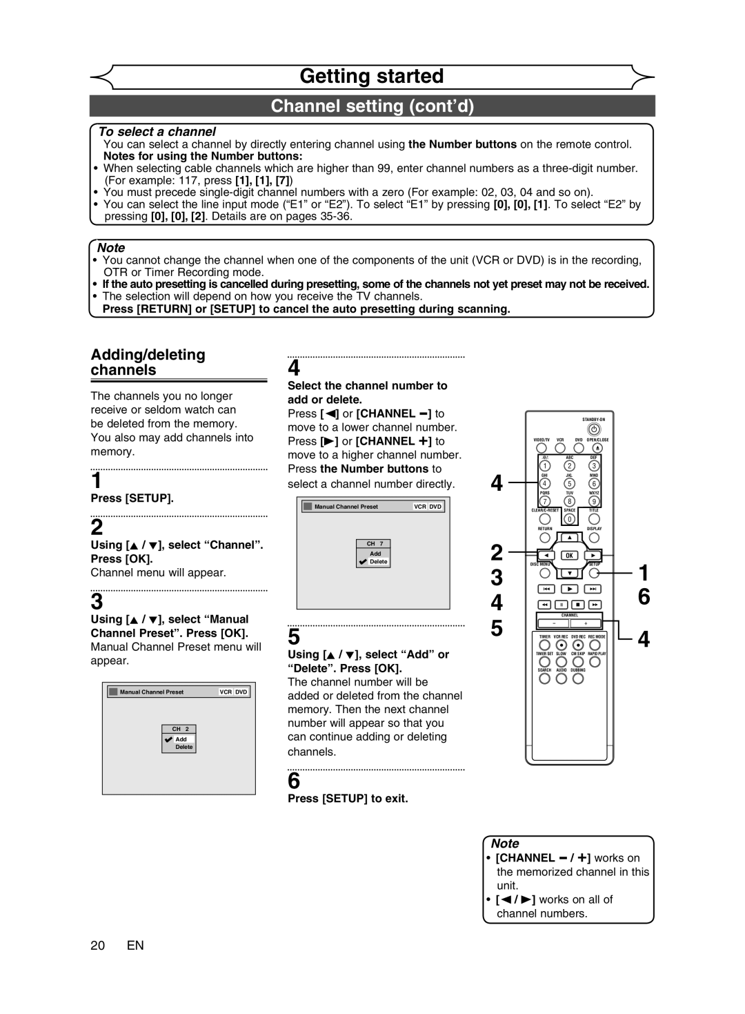 Magnavox cmwR20v6 manual Channel setting cont’d, Adding/deleting channels, 20 EN 