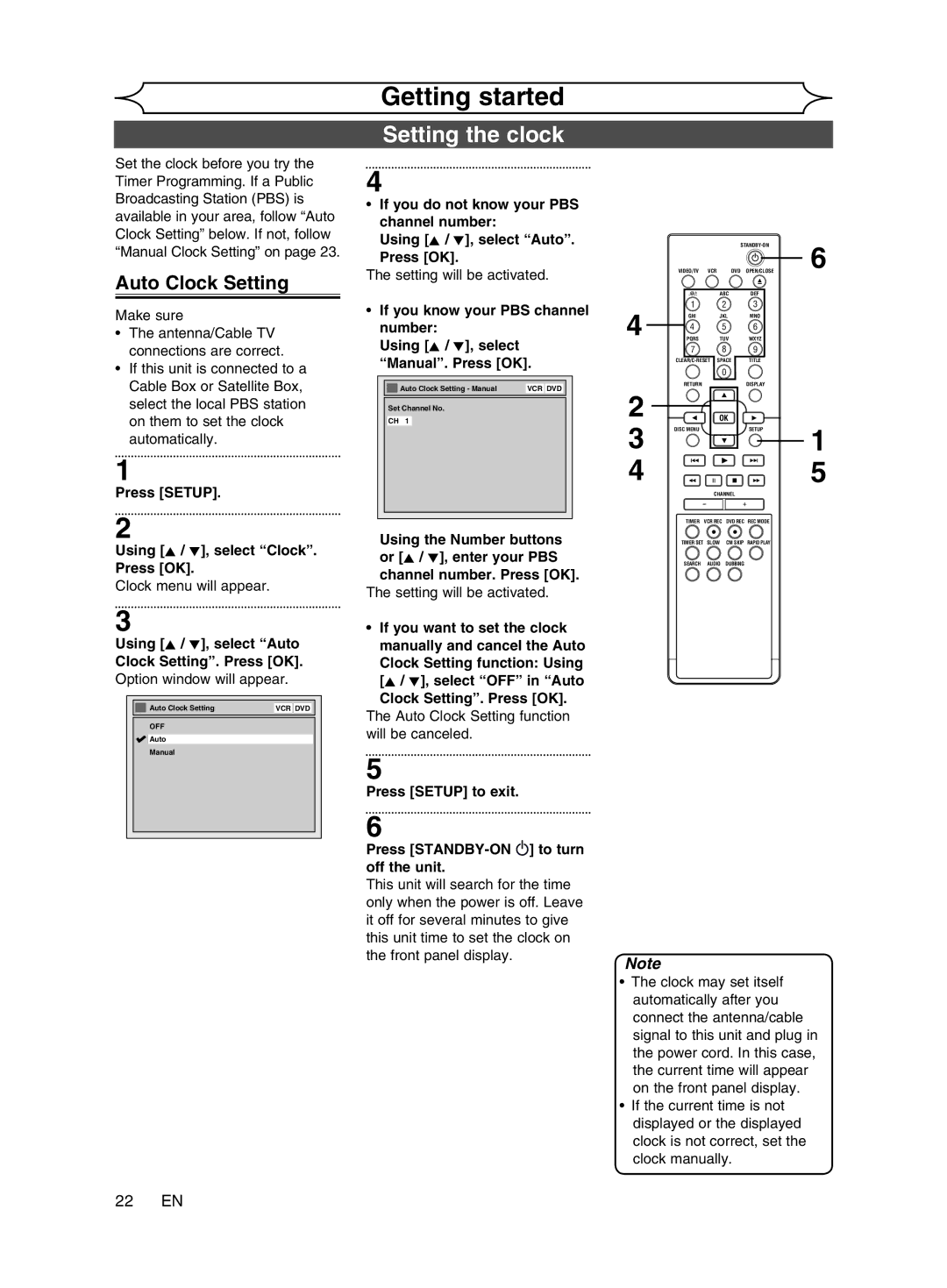 Magnavox cmwR20v6 manual Setting the clock, Auto Clock Setting, 22 EN, Using K / L, select Clock. Press OK 