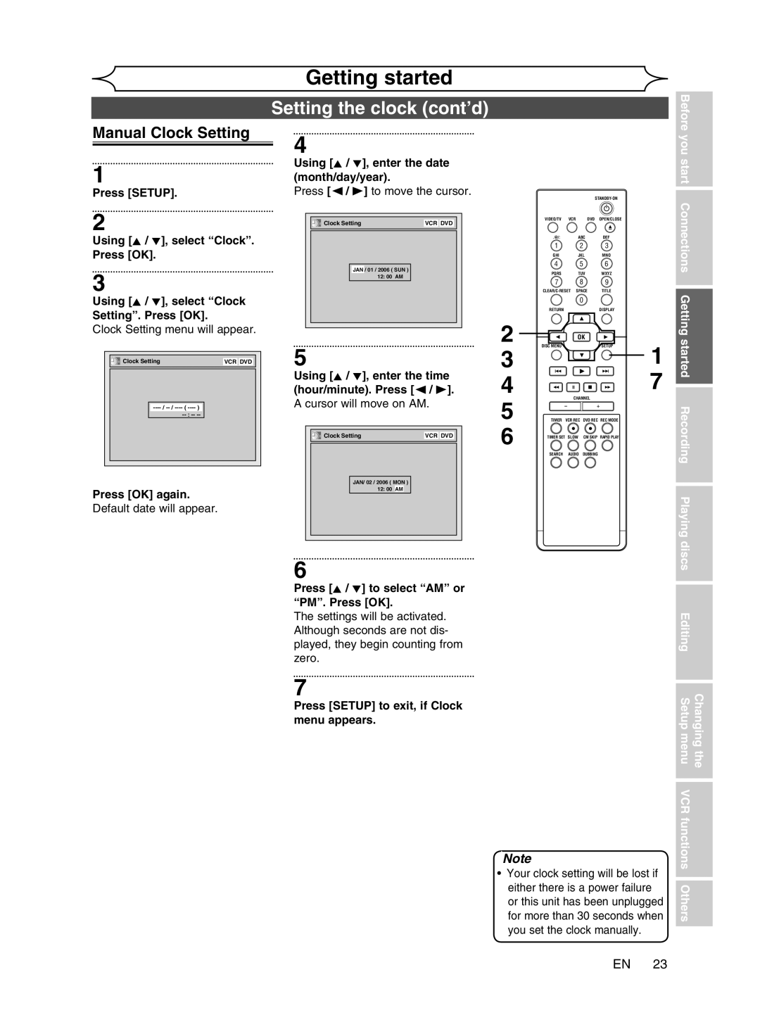 Magnavox cmwR20v6 manual Setting the clock cont’d, Manual Clock Setting, Changing the Setup menu 