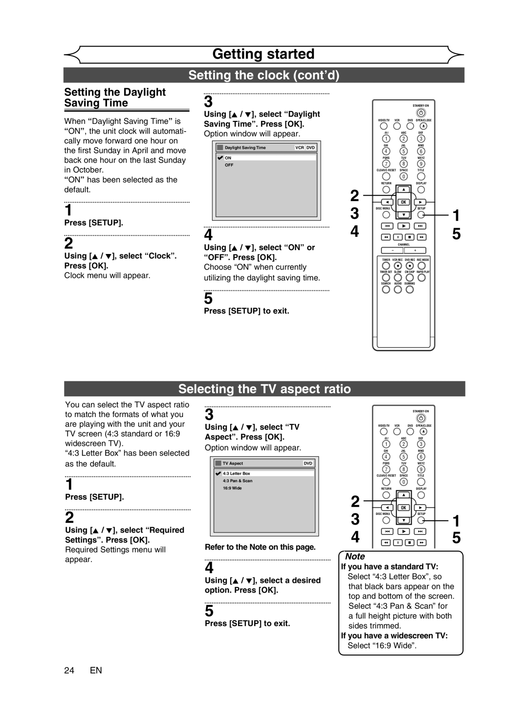 Magnavox cmwR20v6 manual Selecting the TV aspect ratio, Setting the Daylight Saving Time, 24 EN 