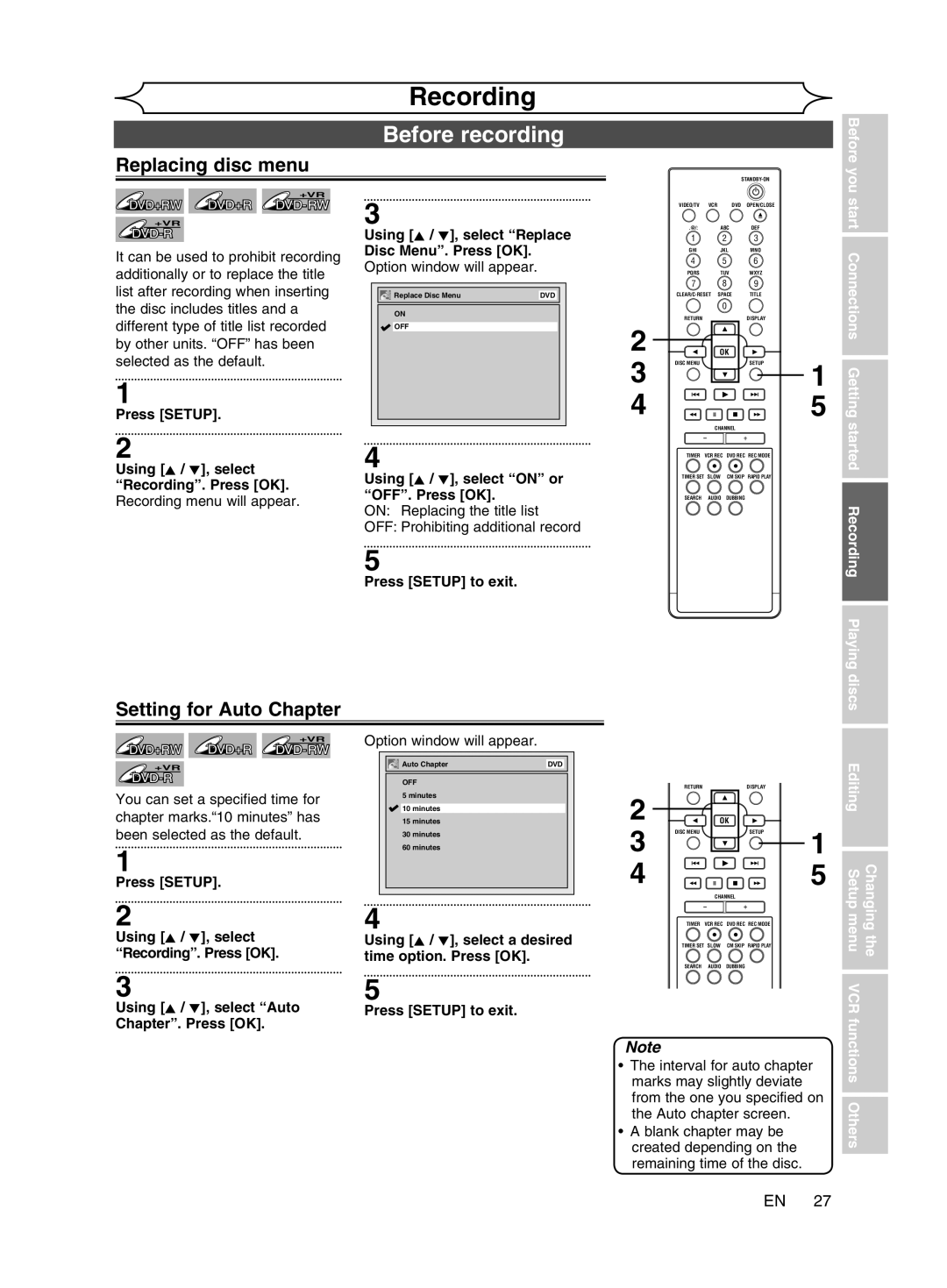 Magnavox cmwR20v6 manual Before recording, Replacing disc menu, Setting for Auto Chapter 