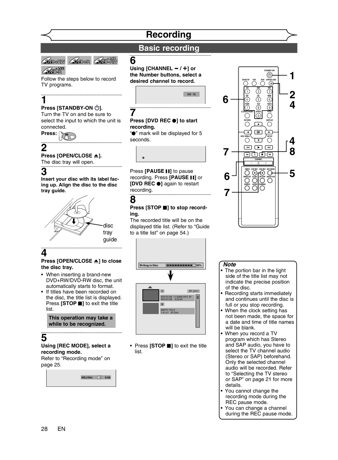 Magnavox cmwR20v6 manual Basic recording, Disc tray guide, 28 EN, Press OPEN/CLOSE a to close the disc tray 