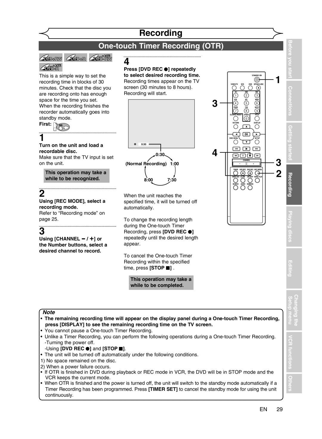 Magnavox cmwR20v6 manual One-touch Timer Recording OTR, First DVD Turn on the unit and load a recordable disc 